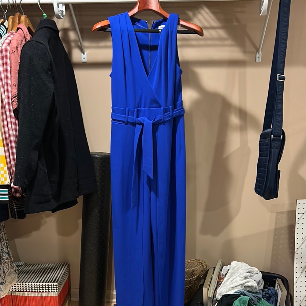 Shelby & Palmer Blue V-Neck Jumpsuit with Self-Tie Belt